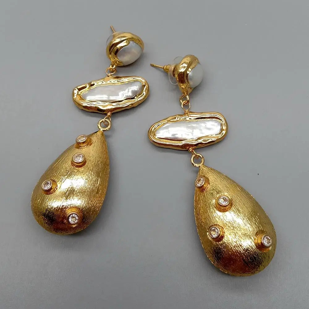 KKGEM natural Cultured 12x28mm White Biwa Pearl Teardrop 23x36mm Brushed Bead Cz Pave Stud Earrings