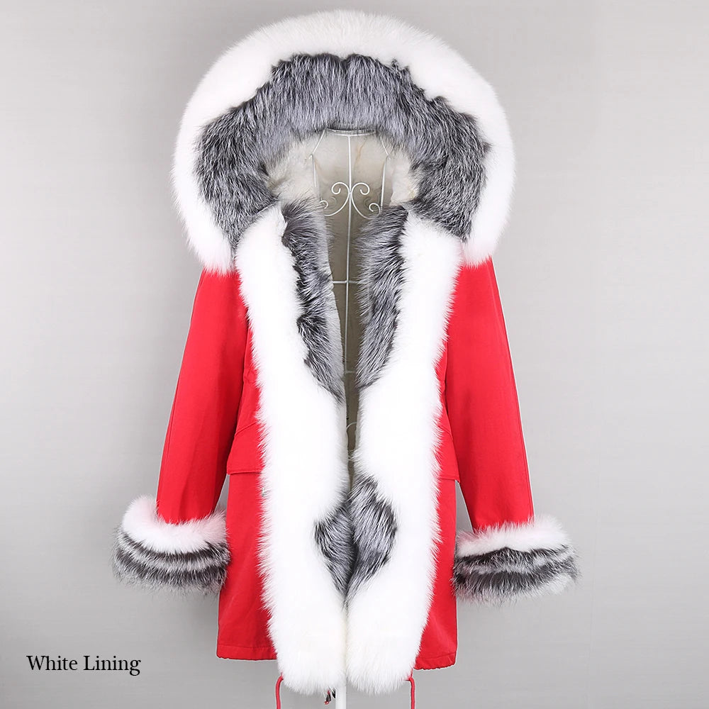 2024 Winter Jacket Women Natural Raccoon Fur Collar Real Fur Coat Color matching Hood Cuffs Thick Warm Outerwear New Long Parka
