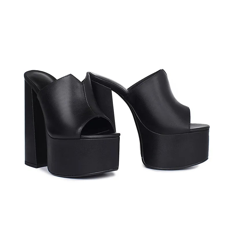 Genuine Leather Sandals Platform 8cm Heel — Black | KIMLUD