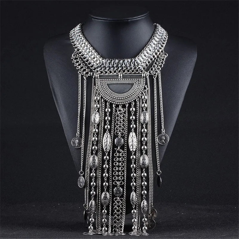 Fashion Maxi Long Tassel Statement Necklace Women Boho Indian Ethnic Vintage Coin Big Chunky Collar Necklaces Ladies Jewellery