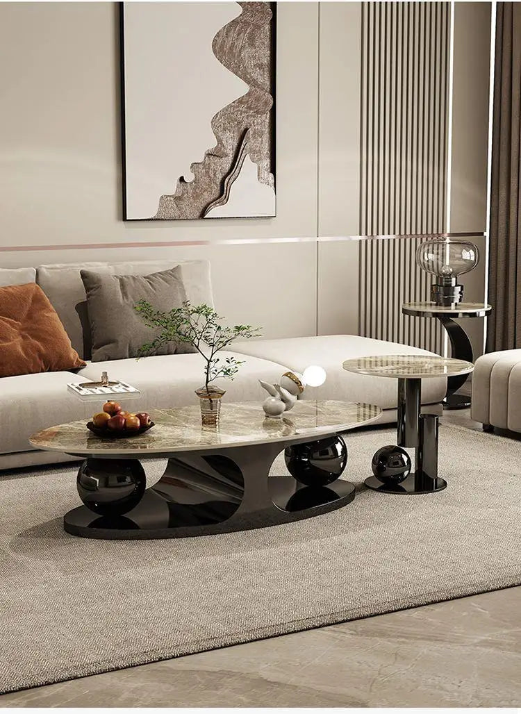 Italian Marble Oval Extendable Coffee Table With High Gloss Rock Plate Finish — White | KIMLUD