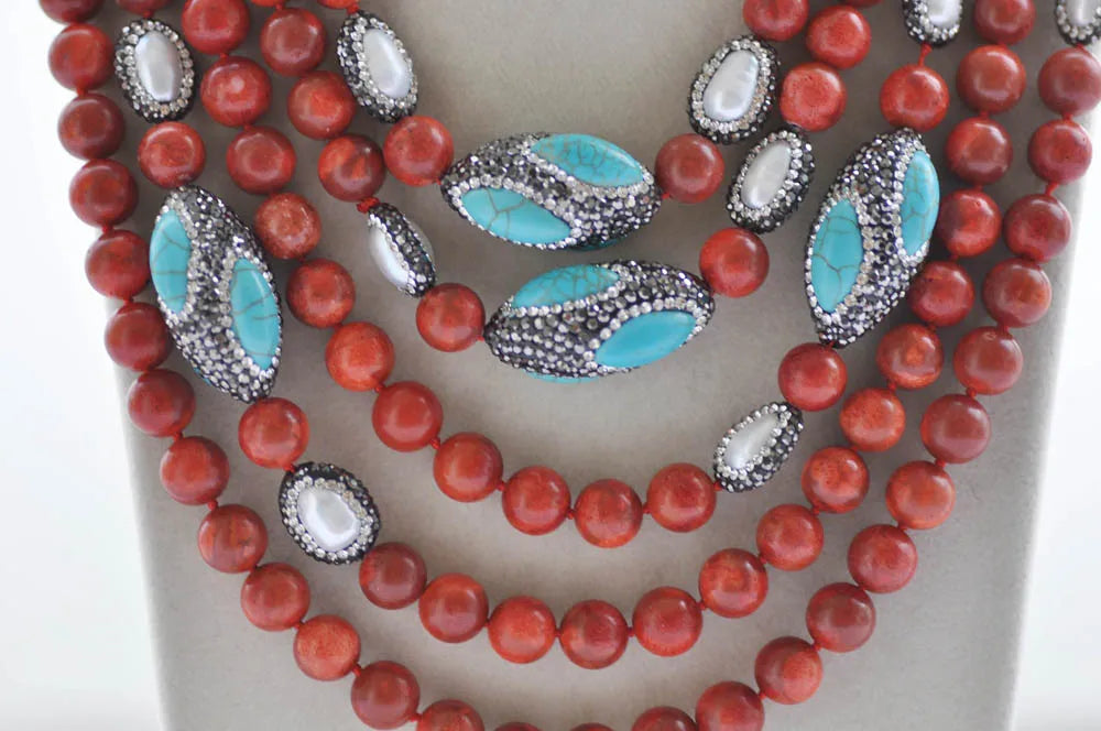 Z10316 100" Red Coral 30mm Turquoise Shuttle Pearl CZ Necklace