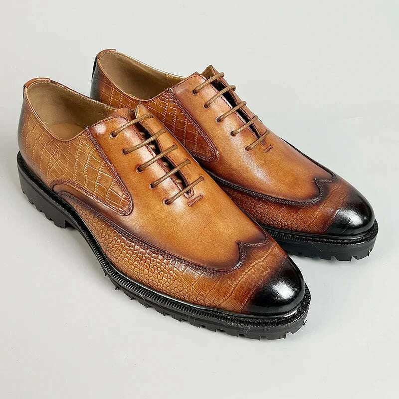 KIMLUD, Men Dress Formal Shoes Genuine Leather Office Shoe for Business Social Elegant Handmade Printing Oxfords Lace up Shoes, KIMLUD Womens Clothes