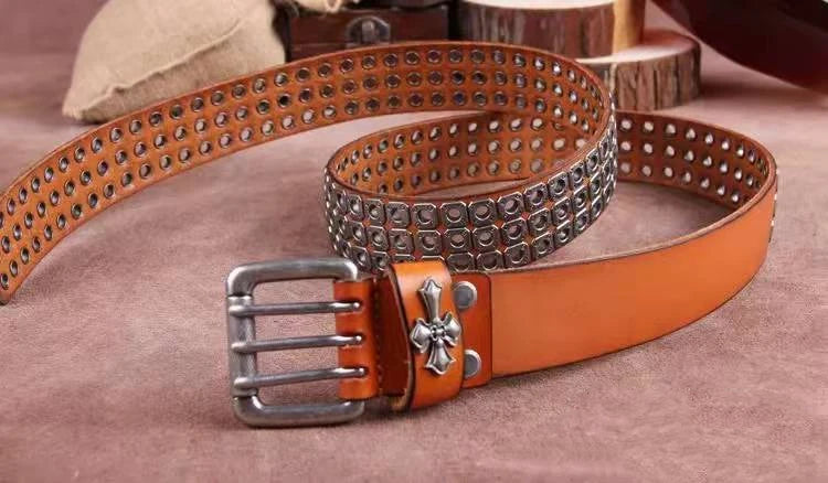 Studded Leather Belt Heavy Metal Style — Dark Brown | KIMLUD