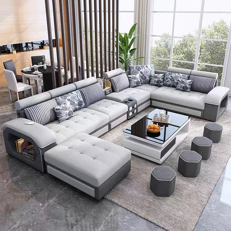 Microfiber Sofa With Integrated Bluetooth Speakers And USB Charger — Taupe | KIMLUD