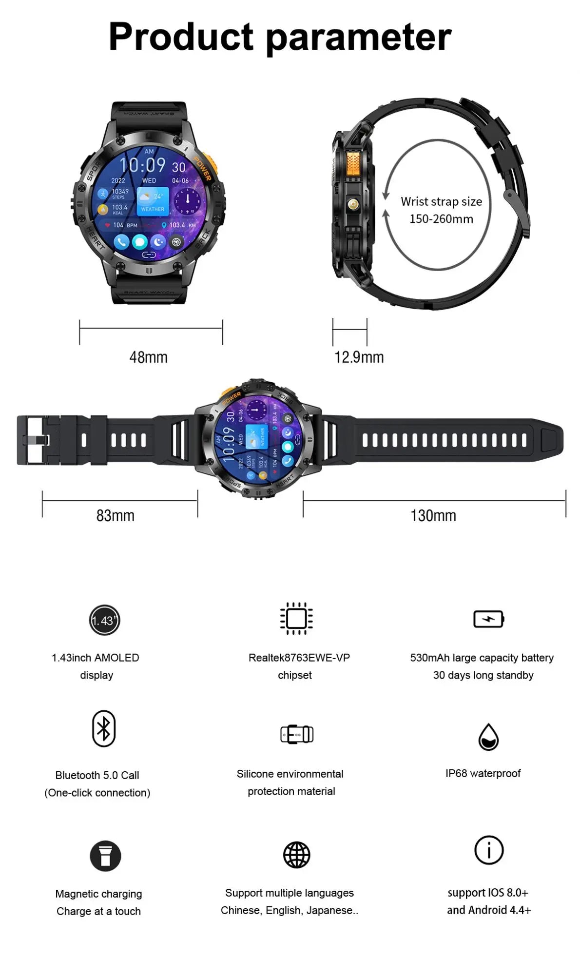 New Sports Watch K65 Smartwatch Heart Rate Monitor Health Tracking Sports Fitness Smartwatch Reloj Intelligente with Flashlight