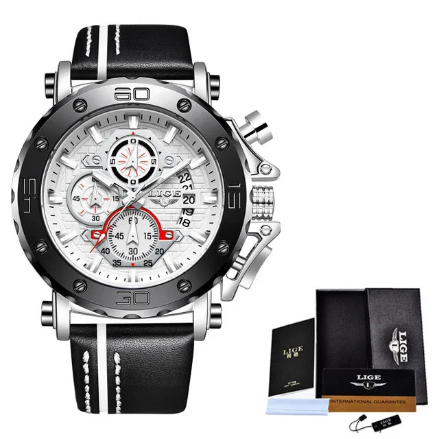 New Top Brand LIGE Mens Watches Fashion Sport Leather Watch Man Luxury Date Waterproof Quartz Chronograph Relogio Masculino+Box