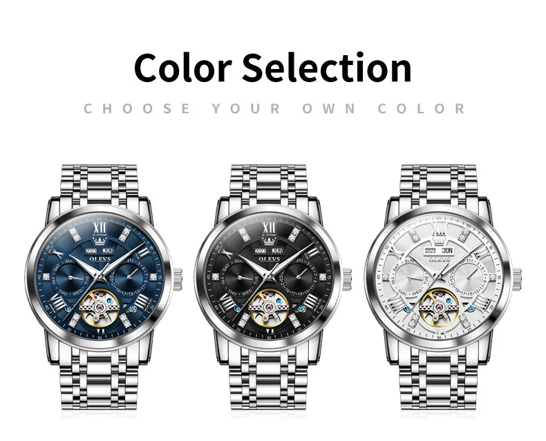OLEVS 6701 Business Luminous Multifunction Hollow Out Full Automatic Watch for Men Stainless Steel Tourbillon Mechanical Watches