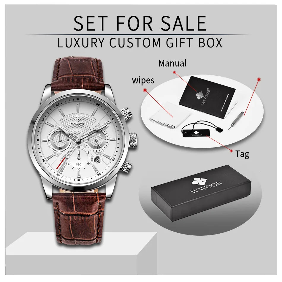 2024 New WWOOR Design Men Watches Top Brand Luxury Waterproof Leather Quartz Wristwatch Sports Chronograph Relogio Masculino+Box