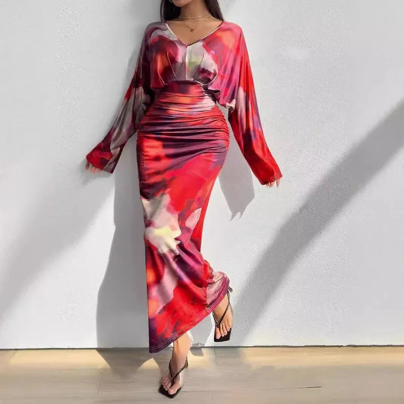 V-Neck Pleated Dress Long Sleeve — Cocoa Brown | KIMLUD