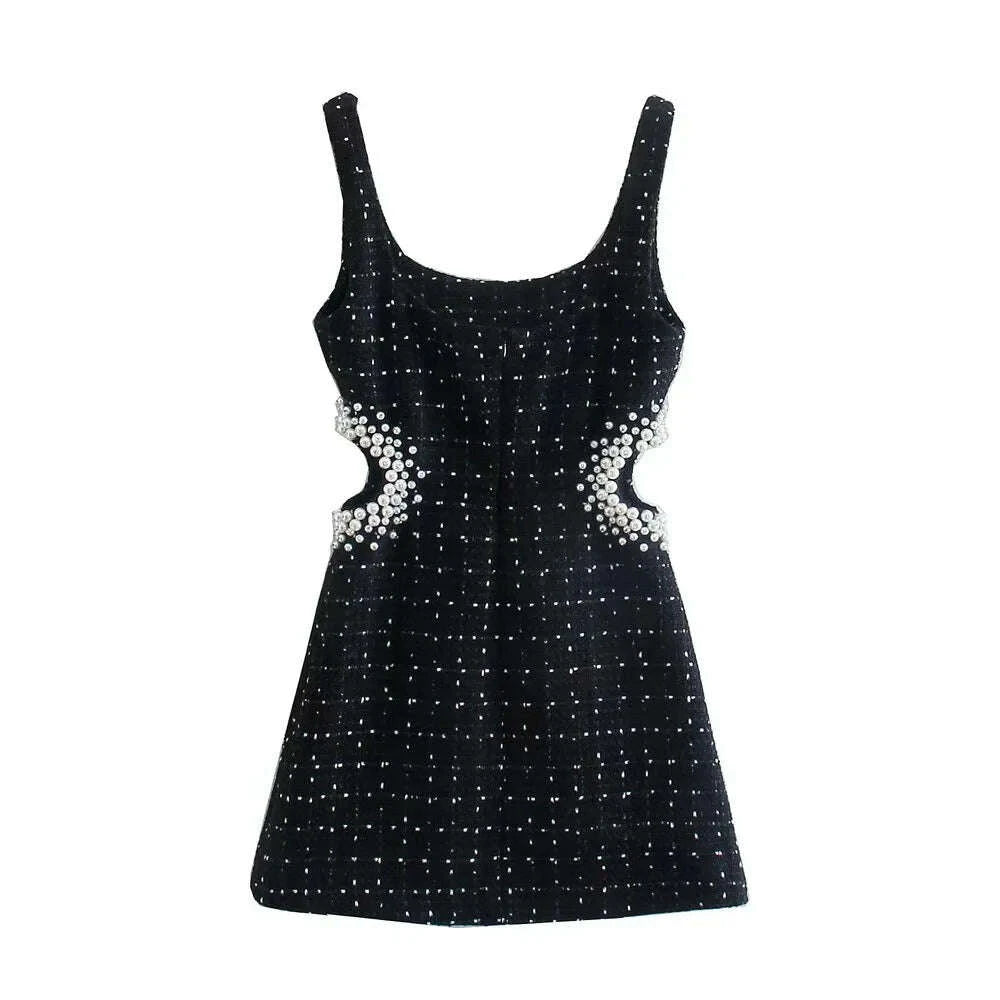 KIMLUD, XEASY Tweed Dress Women Sexy Bodycon Slip Dress For Women 2021 Vintage Black Casual Women Clothing Hollow Out Waist Mini Dresses, KIMLUD Womens Clothes