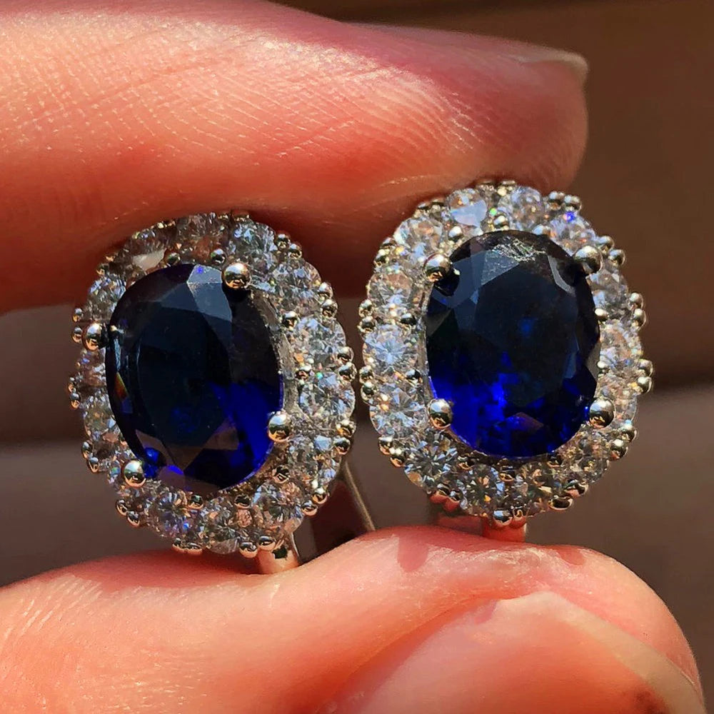 Brilliant Oval Cubic Zircon Stud Earrings — Midnight Blue | KIMLUD