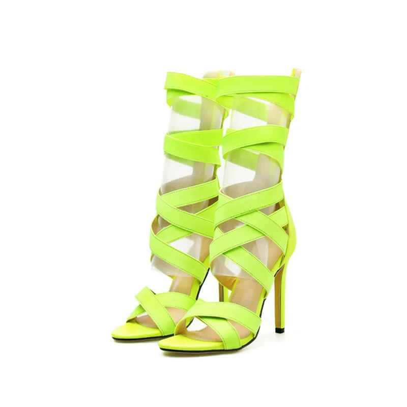 Elastic Cross Cutout High Heel Sandals Zipper — Black | KIMLUD