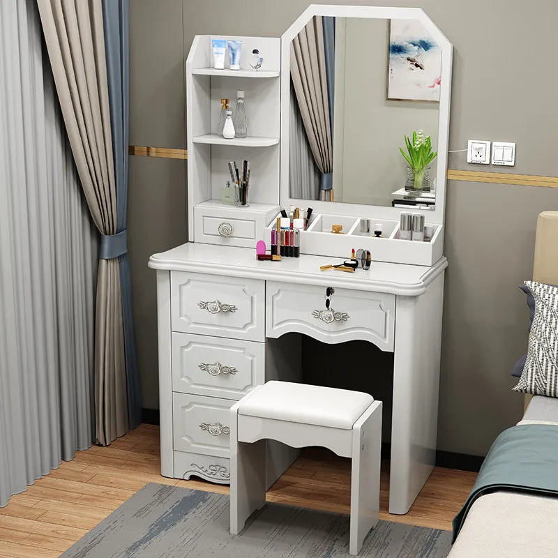Girls White and Pink Modern Wooden Storage Simple Cheap Make up Dresser Tables Set Vanity Desk With Mirror