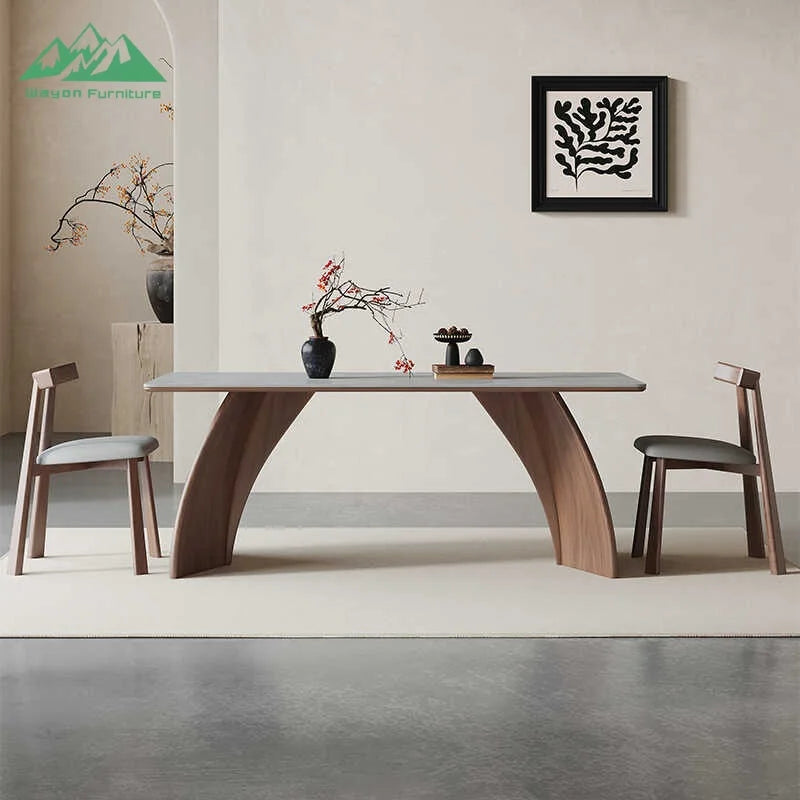 Solid Wood Dining Table Rectangular Form With Sculptural Curved Legs For Modern Homes — Natural Wood | KIMLUD