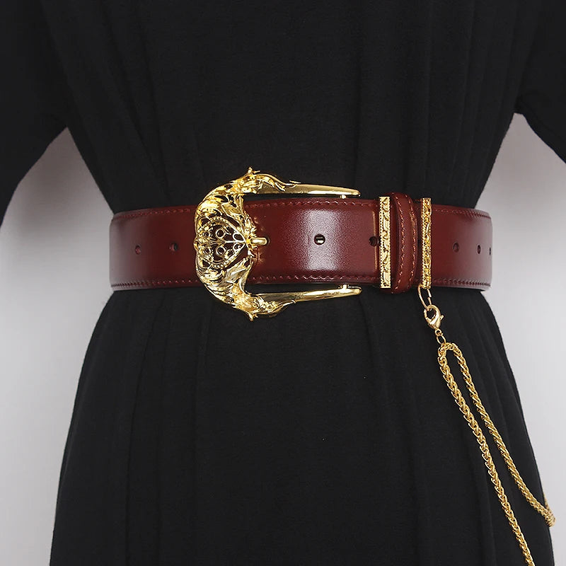 Women's Runway Fashion Gold Buckle Genuine Leather Cummerbunds Female Dress Corsets Waistband Belts Decoration Wide Belt TB1757