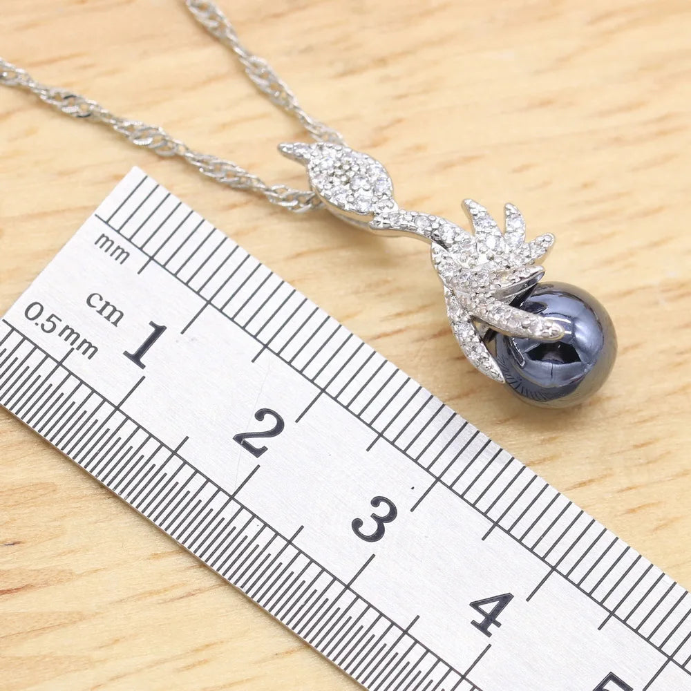 Black Pearl Silver Color Jewelry Sets for Women Earrings Necklace Pendant Ring New Arrival