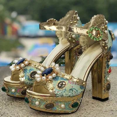 Gladiator Crystal-Embroidered Platform Sandals — Gold | KIMLUD
