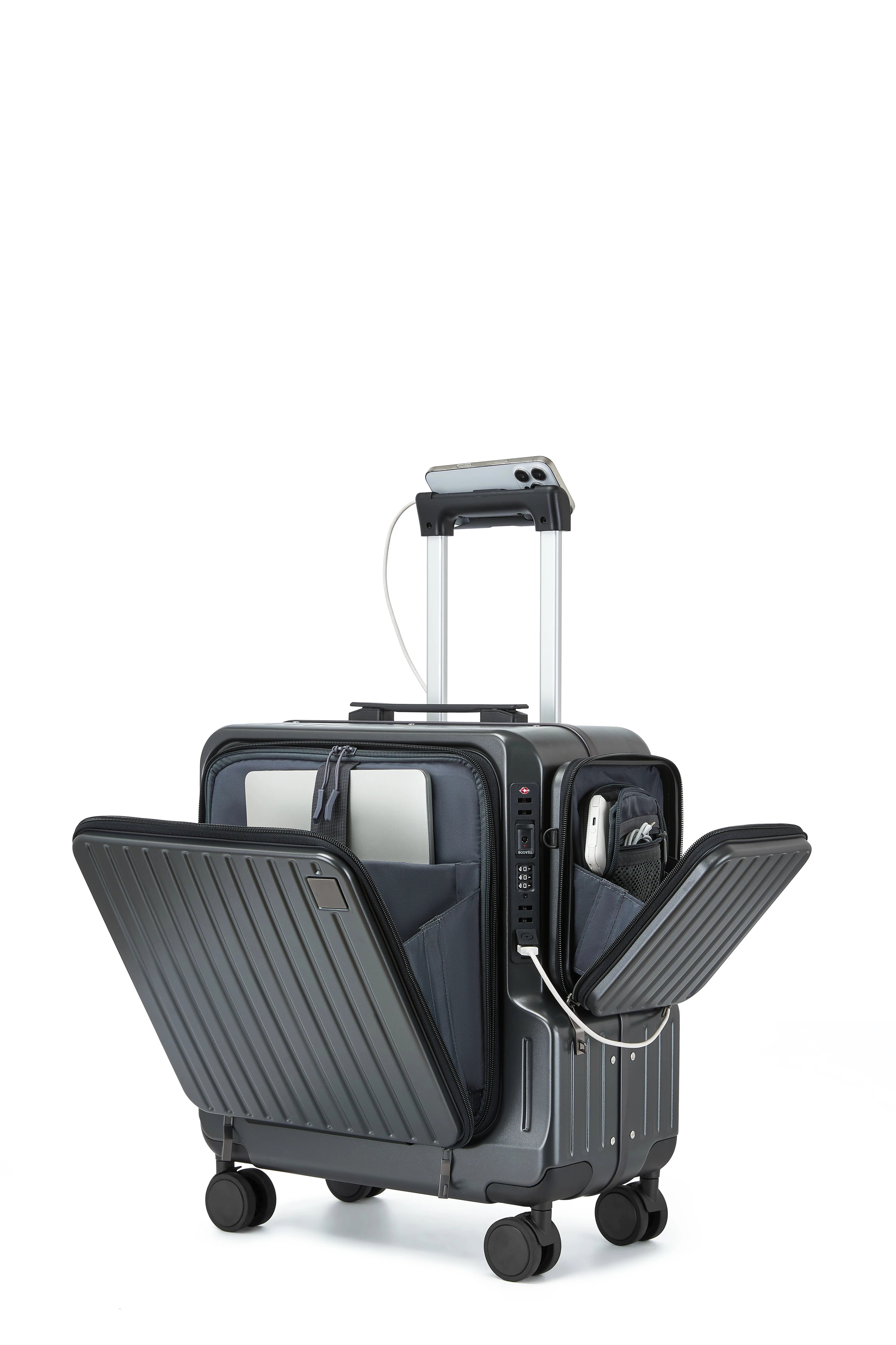 PC Hard Shell Carry-On Luggage Spinner Wheels — Charcoal Gray | KIMLUD