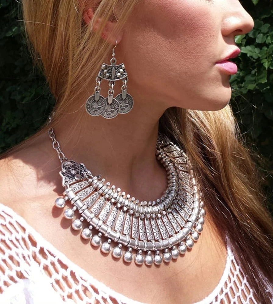 Collar Necklace - Big Chunky - Tibetan Silver - Silver | KIMLUD