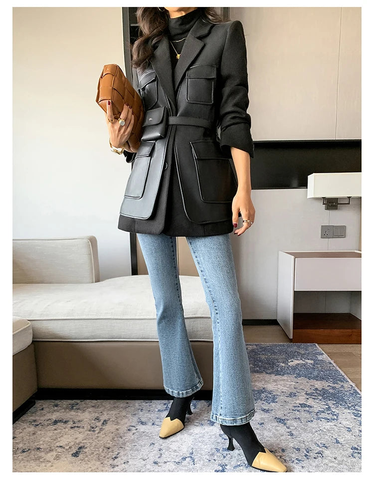 Patchwork Leather Jacket – Pockets – Faux Leather PU – Black | KIMLUD
