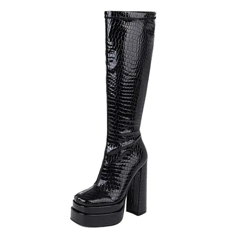 Botas De Mujer Zipper Side Think Bottom Winter Fall Knee High Leather Black Chunky Platform Women Boots