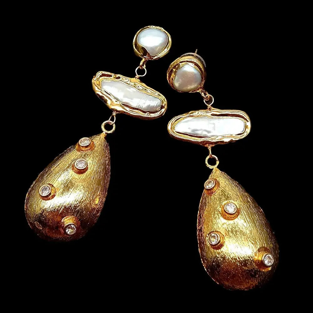 KKGEM natural Cultured 12x28mm White Biwa Pearl Teardrop 23x36mm Brushed Bead Cz Pave Stud Earrings