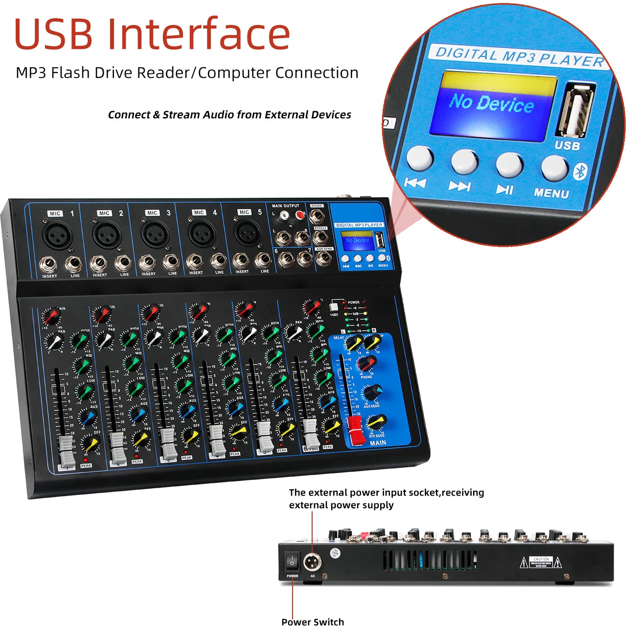 Digital DJ Mixing Console 7-Channel USB Interface With Studio-Grade Sound — Black | KIMLUD