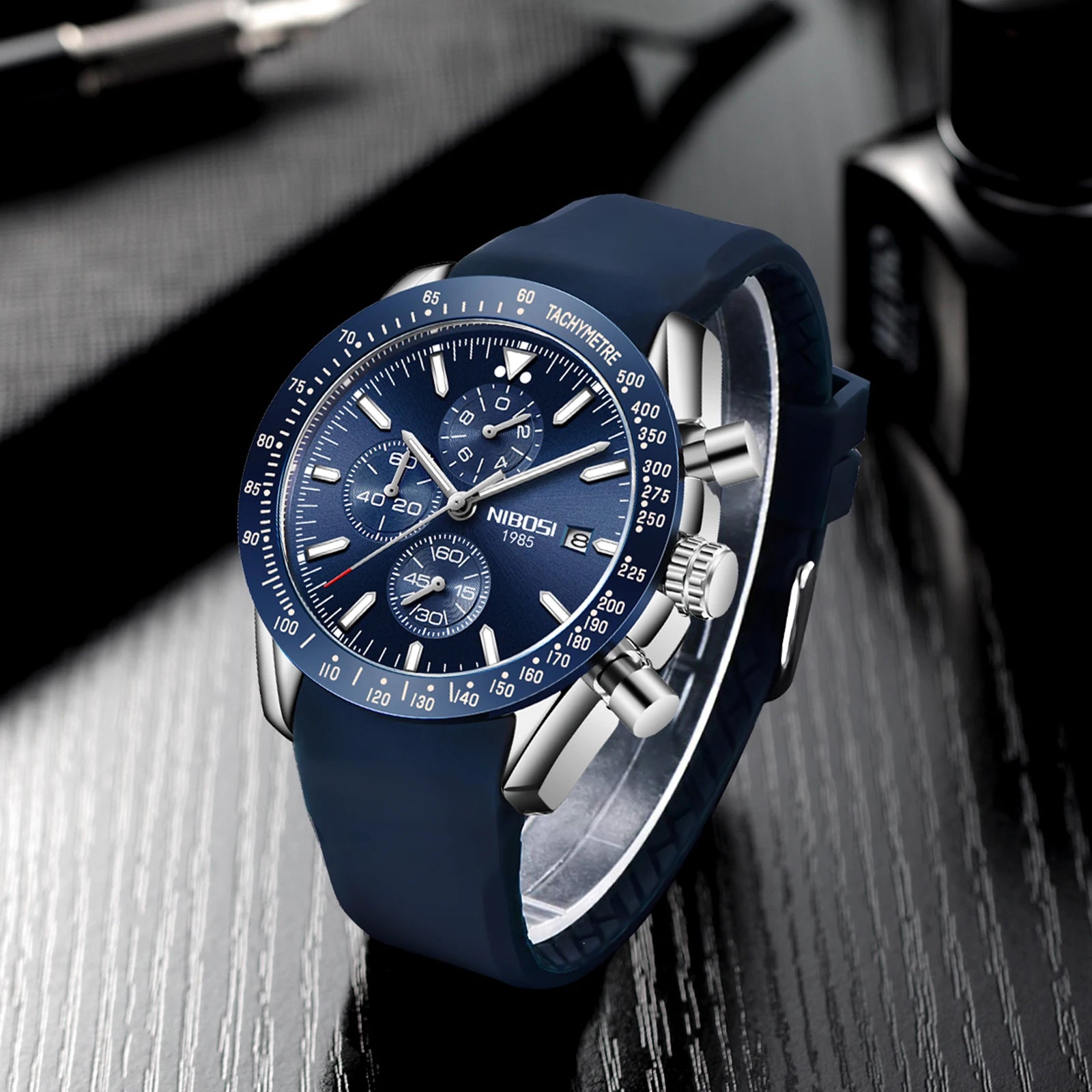 NIBOSI 2615 Business Style Men Watch Luminous Real Leather Band Wristwatch Silicone Strap Chronograph Quartz Watches