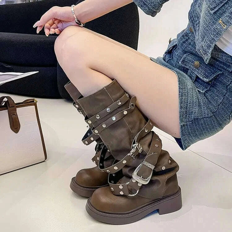 2024-new-winter-denim-boots-womens-retro-brown-belt-buckle-round-head-high-boots-knee-length-bootskimlud-womens-fashion-34622141