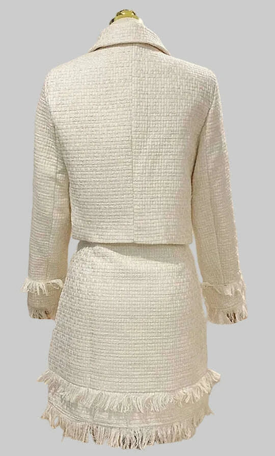 KIMLUD, 2021 Winter New Women Tweed Fringed 2 Two-Piece Set Sexy Long Sleeve V-Neck Button Coat + Short Skirt Set Vestidos Party Suit, KIMLUD Womens Clothes