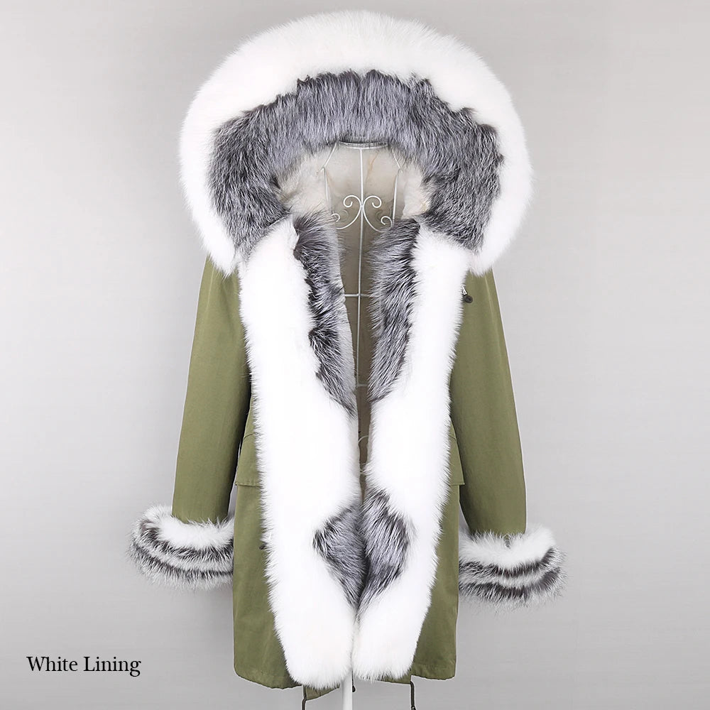 2024 Winter Jacket Women Natural Raccoon Fur Collar Real Fur Coat Color matching Hood Cuffs Thick Warm Outerwear New Long Parka