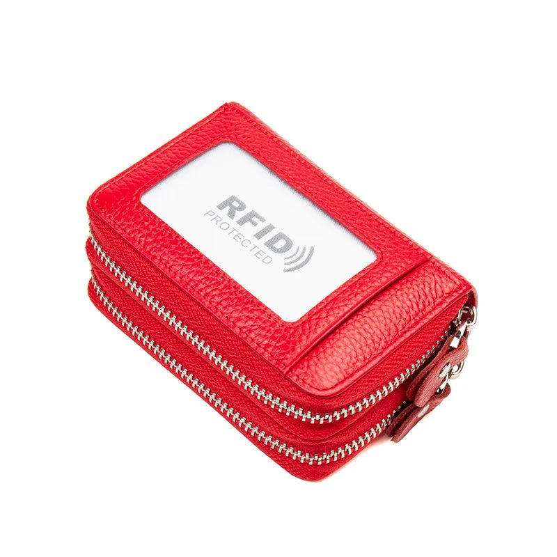 Genuine Leather Wallets RFID Blocking Double Zipper — Black | KIMLUD
