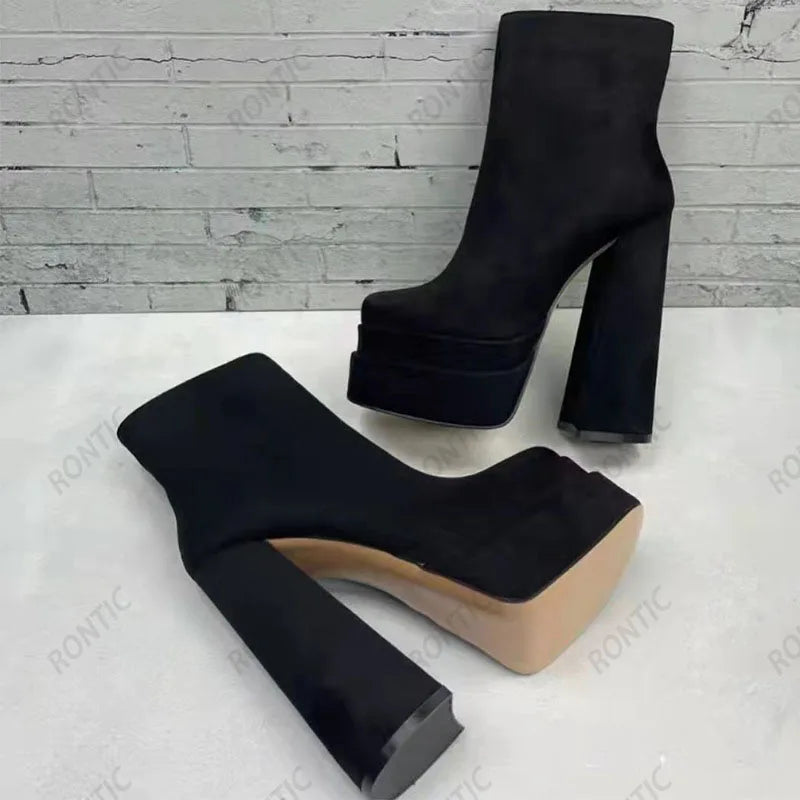 Rontic New Stylish Women Platform Ankle Boots Block Heels Square Toe Elegant Black Fuchsia Party Shoes US Size 4-13