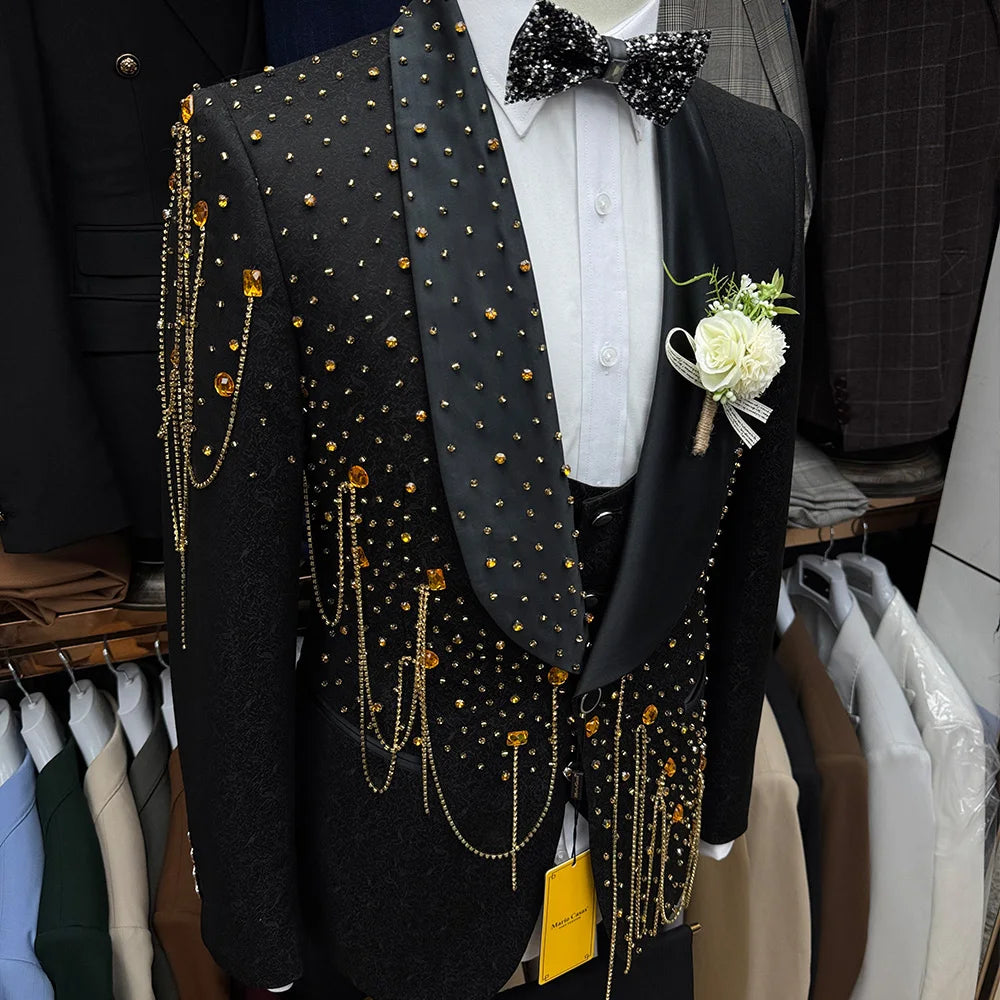 Handmade Rhinestone Beaded Men 3 Piece Suits Luxury Wedding Groom Wear Slim Fit Single Breasted Tuxedo Jacket Vest Pants Set