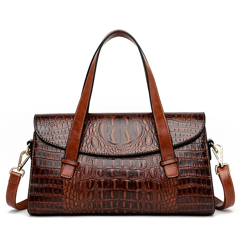 PU Leather Top-Handle Tote Alligator Crossbody — Black | KIMLUD