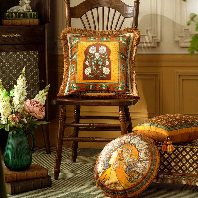 Throw Velvet Cushion Cover with Heavy Tassel,Vintage Home Decoration,Luxurious Pillowcase,Camelli Alphonse Maria Mucha Art