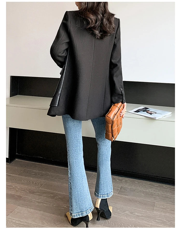 Patchwork Leather Jacket – Pockets – Faux Leather PU – Black | KIMLUD