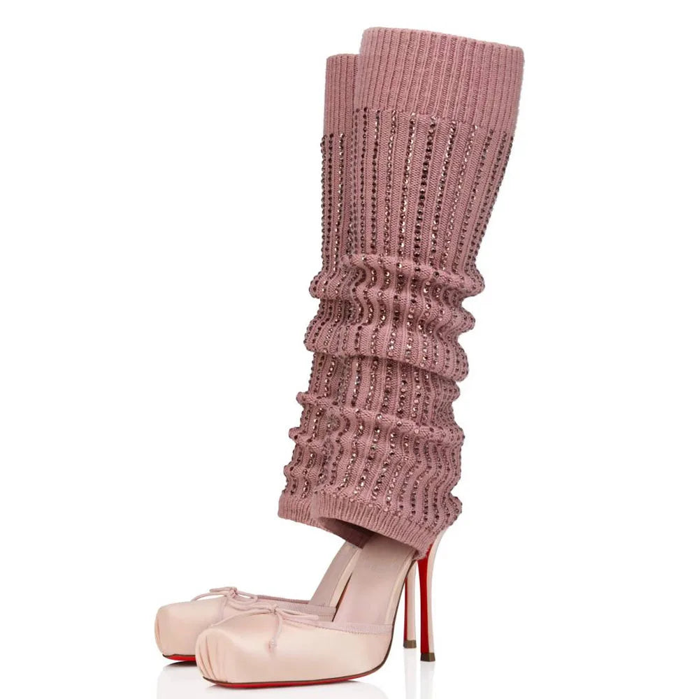 Diamond-Knit Upper Knee-High Boots With Bow — Black | KIMLUD
