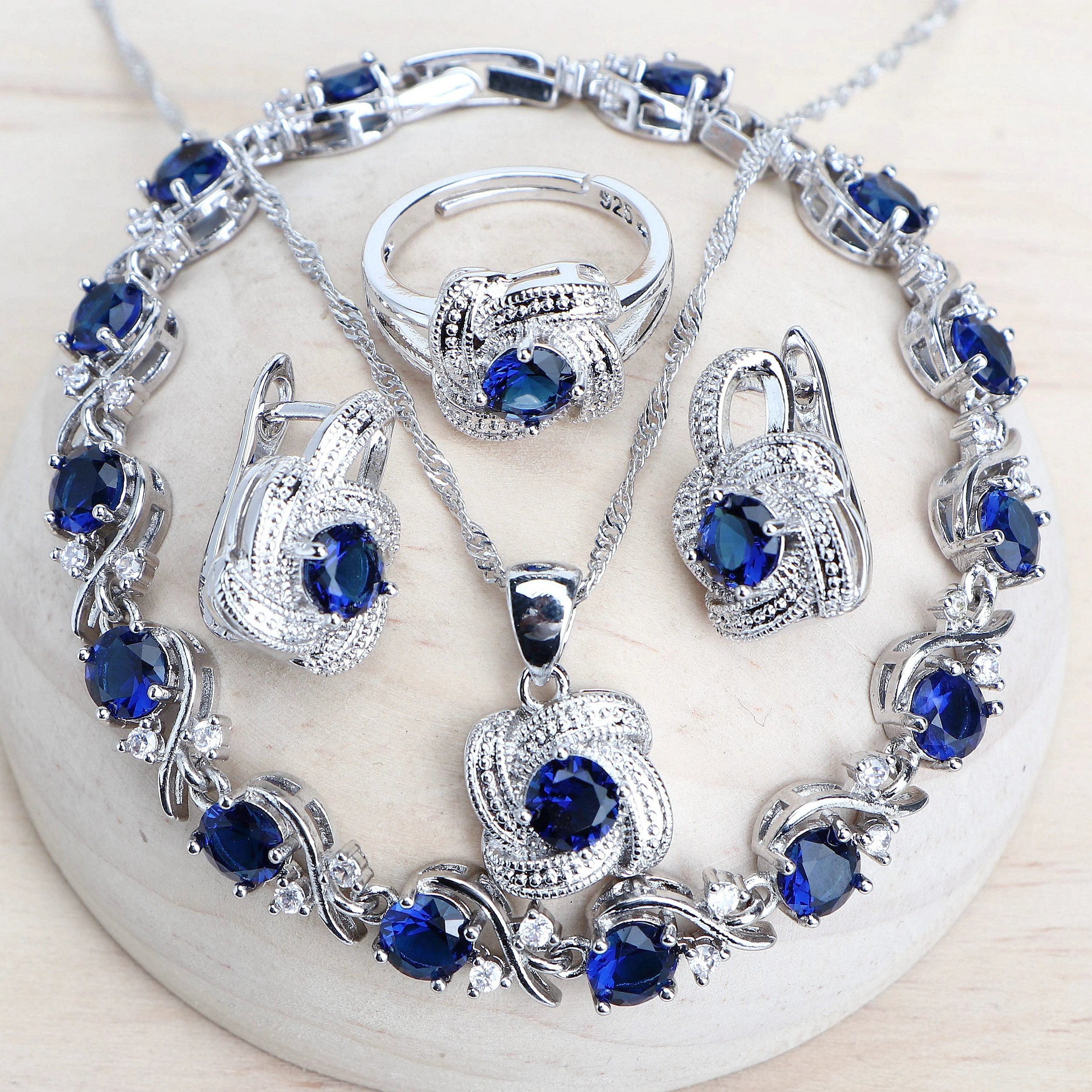 Sterling Silver Jewelry Set Blue Zirconia — Blue | KIMLUD