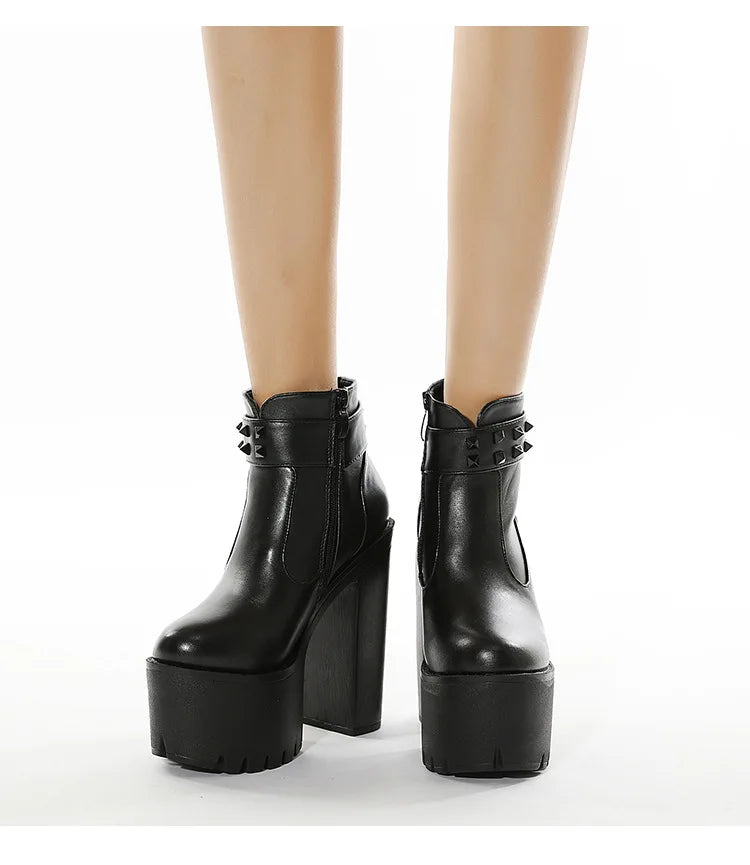 Gothic Black Ankle Boots For Women Plus High Heel Female Shoes Lace-Up Nigh Club Black Sexy Rivets Short Bootsrd5