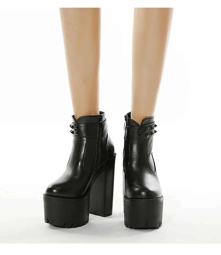 KIMLUD, Gothic Black Ankle Boots For Women Plus High Heel Female Shoes Lace-Up Nigh Club Black Sexy Rivets Short Bootsrd5, KIMLUD Womens Clothes