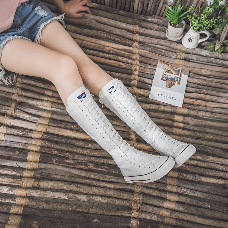 Canvas Long Boots for Women High Top Women Canvas Shoes Lace Up Knee High Boots Flats Casual Vulcanized Shoes Sneakers Girls