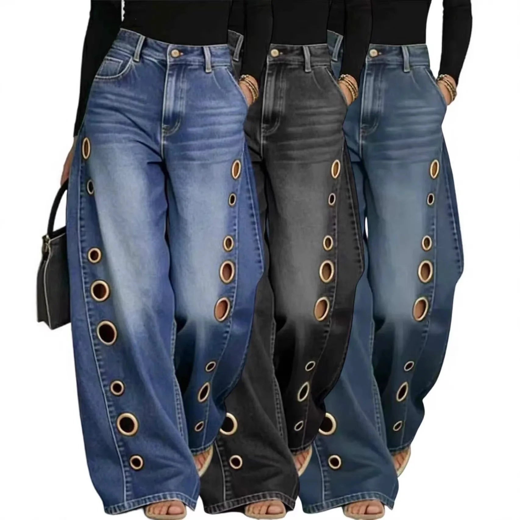 Denim Jeans Baggy Straight High Waist With Gold Eyelet Detailing And Subtle Draping — Blue | KIMLUD