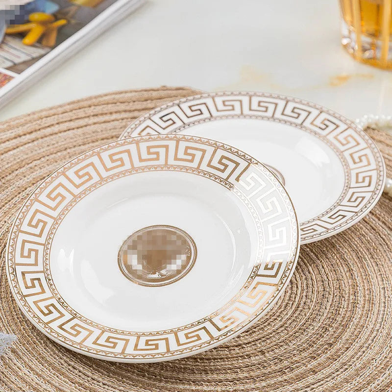 Bone China Dinnerware Set Minimalist Geometric Rim — Gold and White | KIMLUD