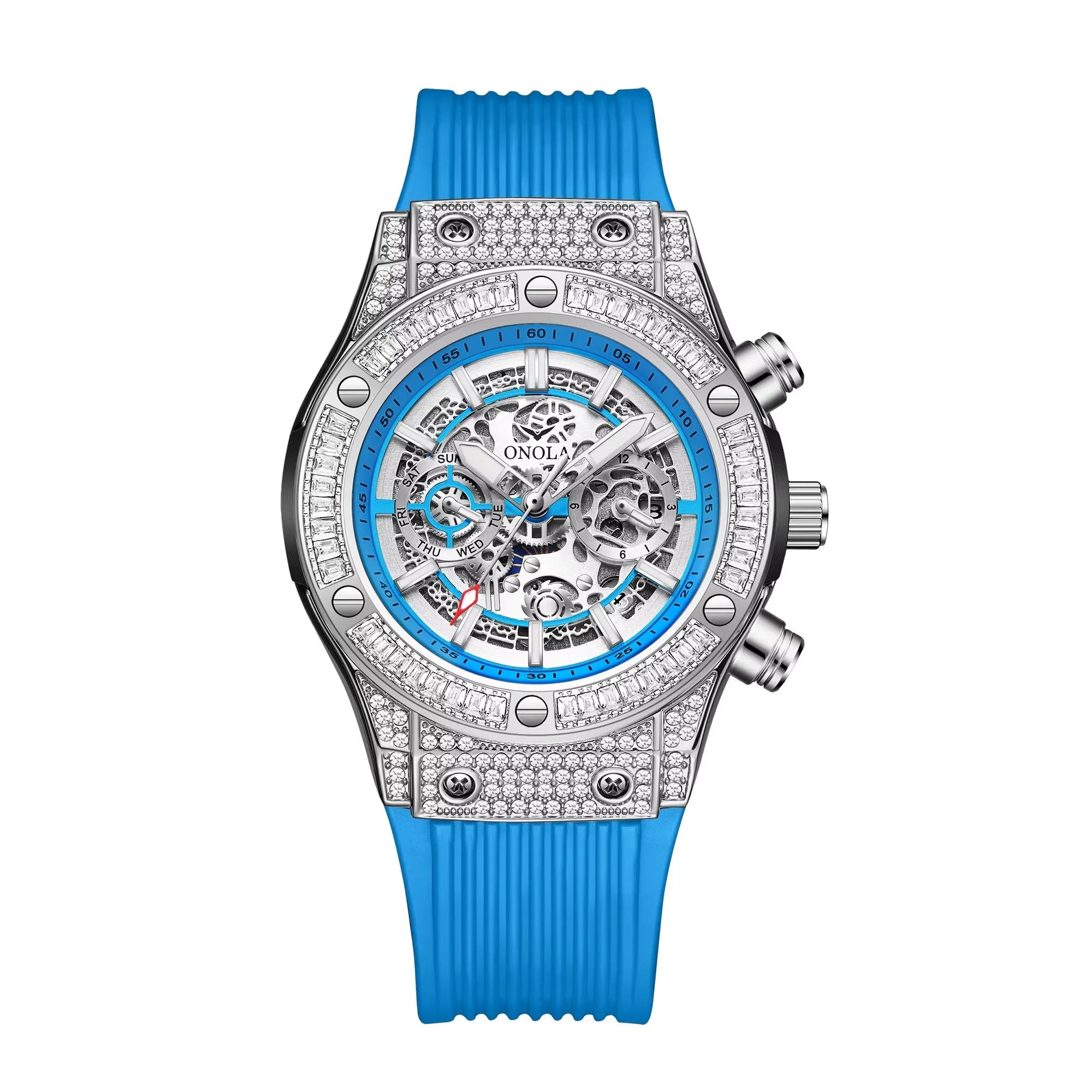 Diamond Dial Silicone Strap Automatic Watch — Black | KIMLUD