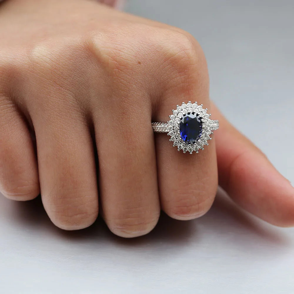 CAOSHI Luxury Blue Crystal Stone Rings with Tiny Flower Cubic Zirconia Pretty Women's Jewelry Elegant Engagement Accessories