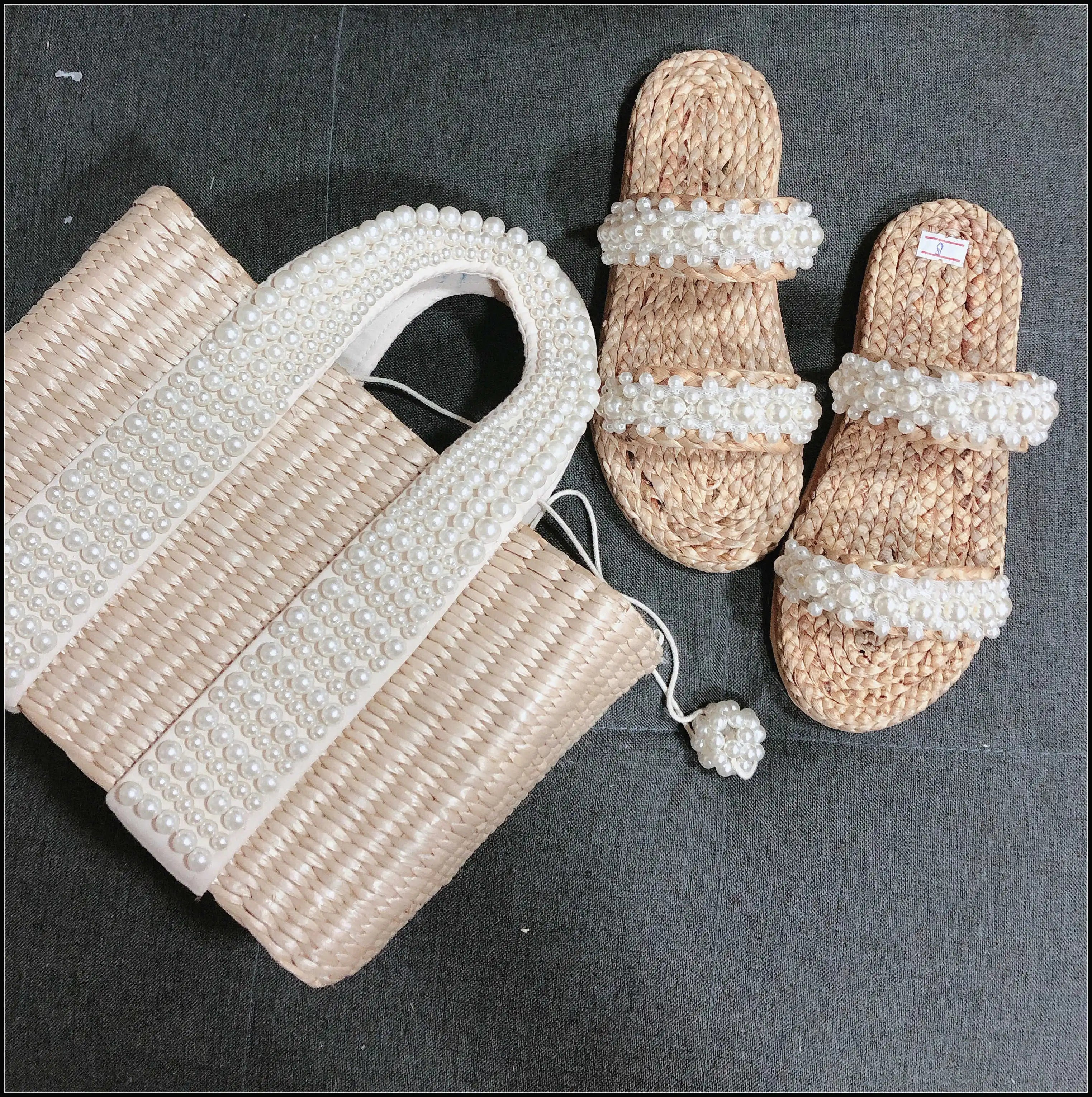 Straw Basket Tote Pearl Bead Trim — Natural | KIMLUD