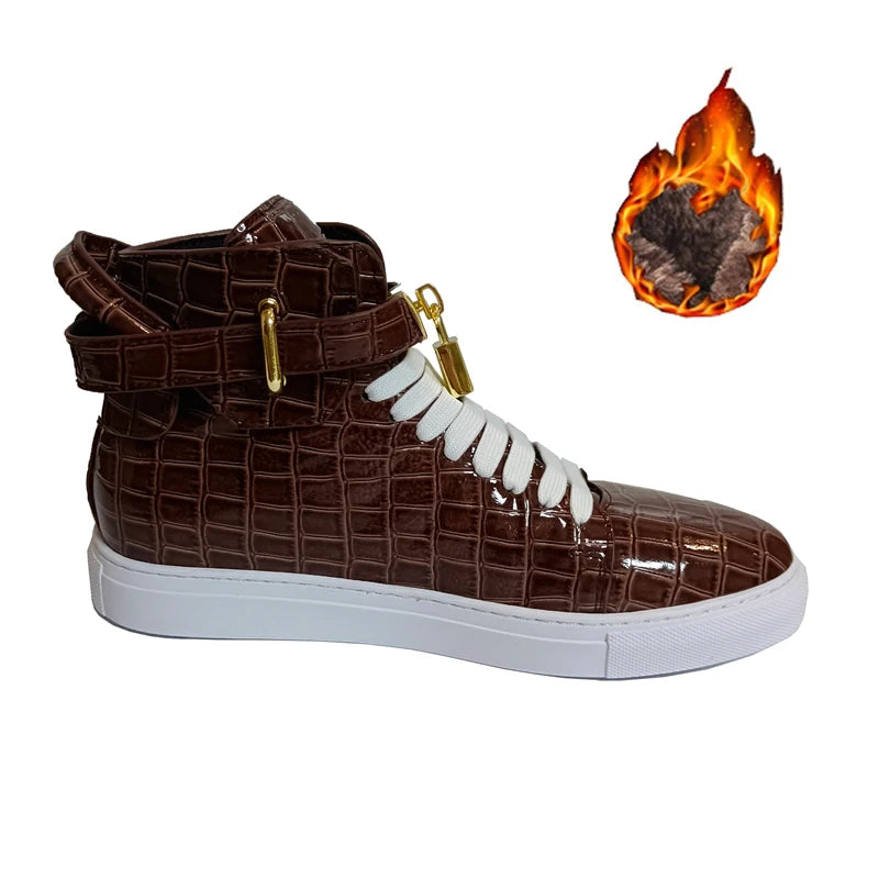 High Top Sneakers – Gold Buckle – Crocodile Pattern Leather | KIMLUD