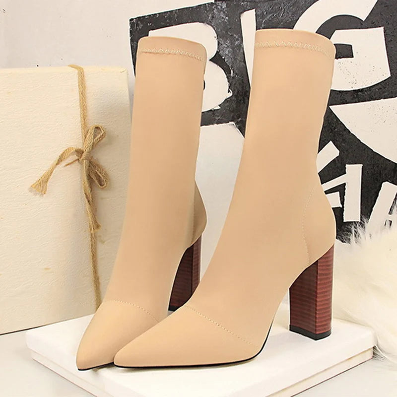 Ankle Boots – Stretch Sock Boot – 8cm Square Heel – Women | KIMLUD